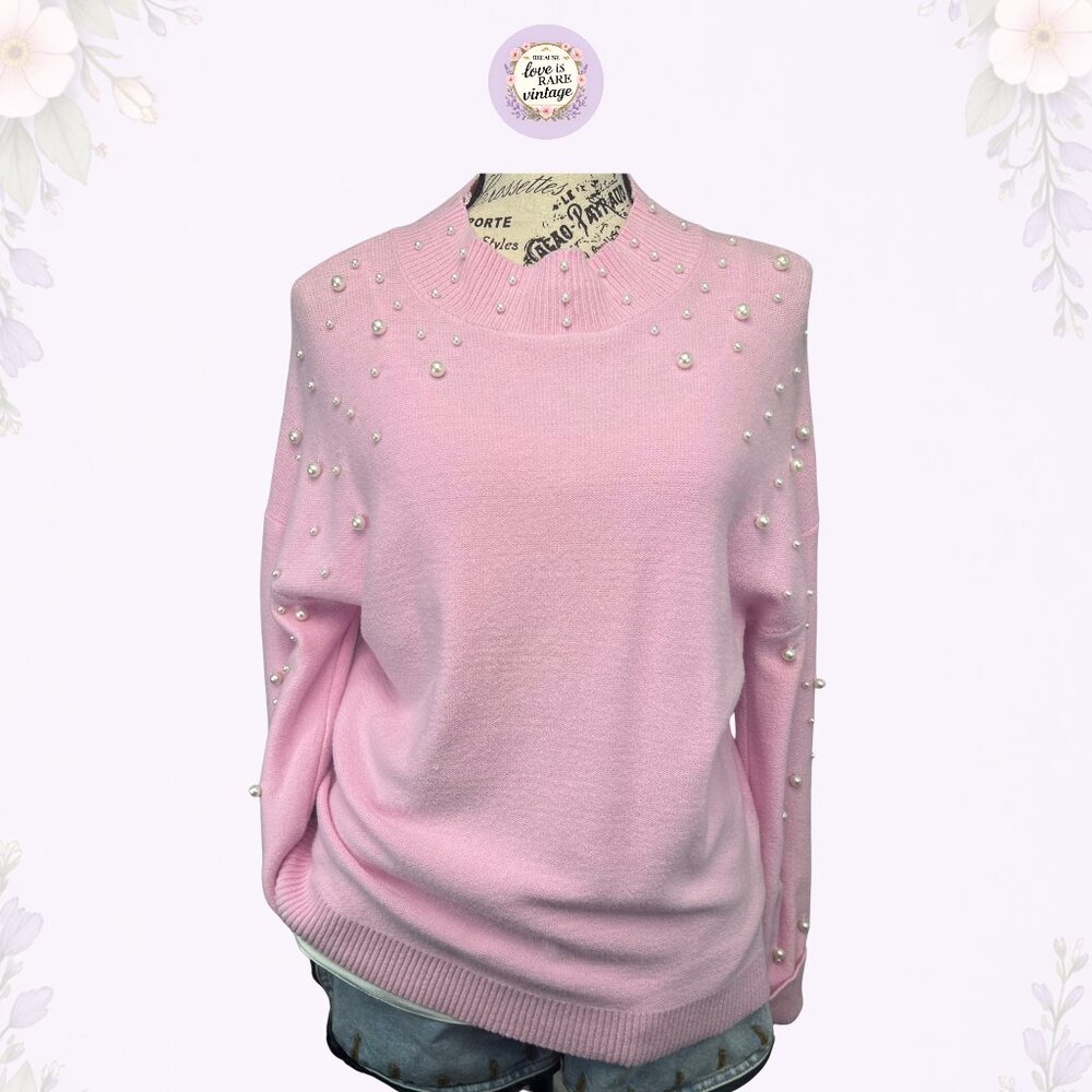 Y2K Pink Pearl Embellished Sweater • Early 2000s Mock Neck Beaded Knit • Size L